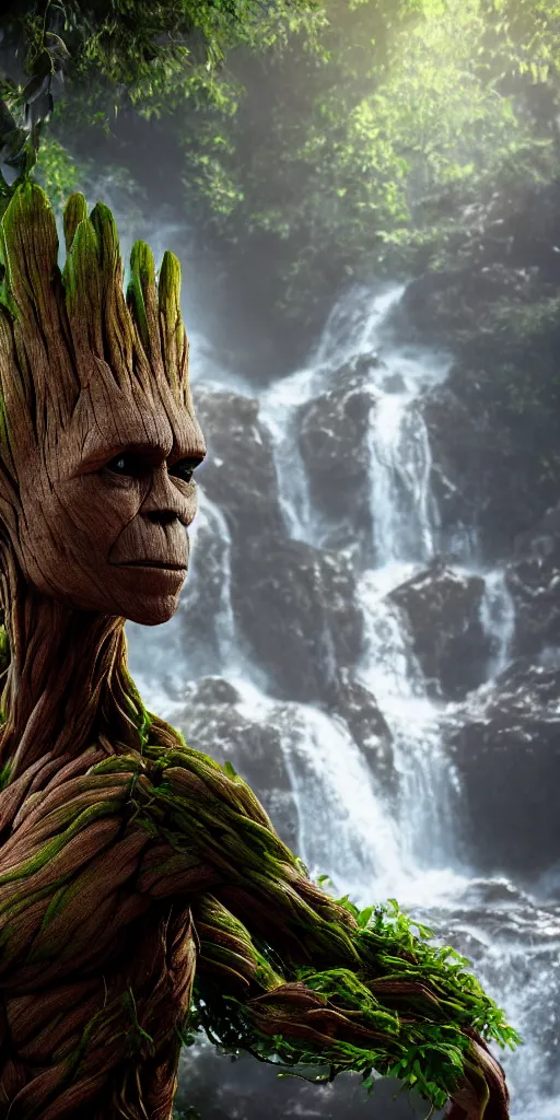 Image similar to photorealistic wide shot portrait of Groot, under waterfall, octane render, unreal engine 4k, volumetric light, fog, detailed