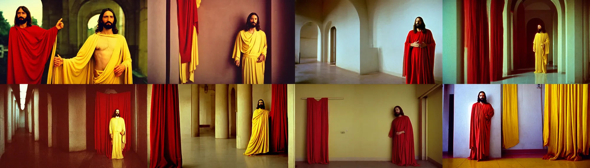 Prompt: 1 9 7 0 s movie still of jesus in red drapery in a fade yellow neoclassical corridor with collums, cinestill 8 0 0 t 3 5 mm, high quality, heavy grain, high detail, panoramic, ultra wide lens, cinematic light, dramatic light, anamorphic