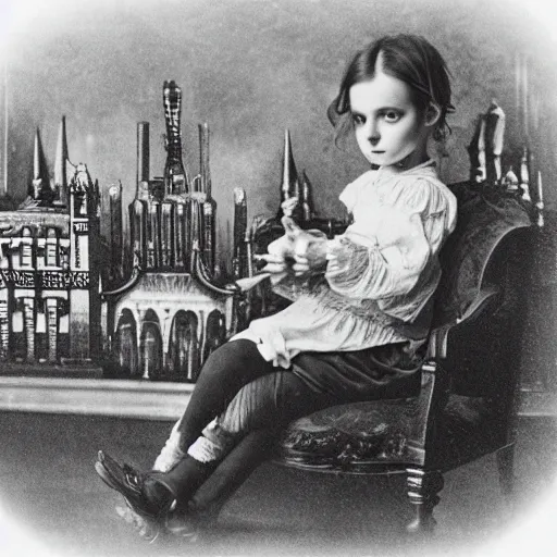 Image similar to a photo of young sad victorian gothic child with big eyes and wide grin sitting on a sofa of bones surrounded by a cyber futuristic cityscape made of human body parts, 5 0 mm, perfect faces