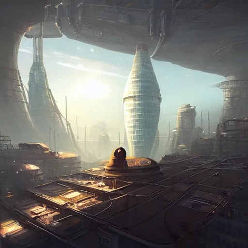 Prompt: atompunk glowing oval building, skyscrapers, wilderness, Marc Simonetti and Greg Rutkowski