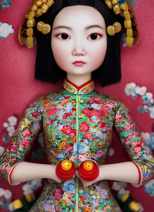 Image similar to closeup portrait of tin toy china cheongsam girl trap, depth of field, zeiss lens, detailed, symmetrical, centered, fashion photoshoot, by nicoletta ceccoli, mark ryden, lostfish, breathtaking, 8 k resolution, extremely detailed, beautiful, establishing shot, artistic, hyperrealistic, octane render