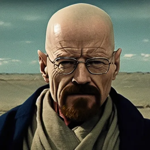 Prompt: movie still of Walter White dressed as Obi-Wan Kenobi