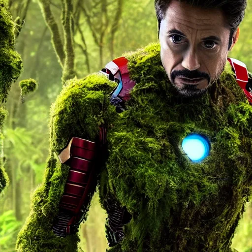 Image similar to overgrown iron man suit covered in moss and vines, 4k realistic photo