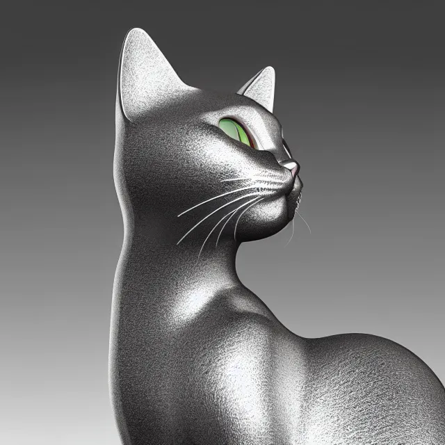 Image similar to chrome statue cat, highly detailed, 4 k, hdr, smooth, sharp focus, high resolution, award - winning photo, boris valejo, photorealistic