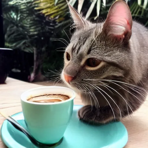 Prompt: a kiwi cat drinking coffee