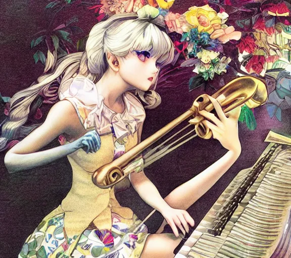 Image similar to ' touhou girl studying jazz music ', beautiful shadowing, 3 d shadowing, reflective surfaces, illustrated completely, 8 k beautifully detailed pencil illustration, extremely hyper - detailed pencil illustration, intricate, epic composition, masterpiece, bold complimentary colors. stunning masterfully illustrated by artgerm, range murata, alphonse mucha.