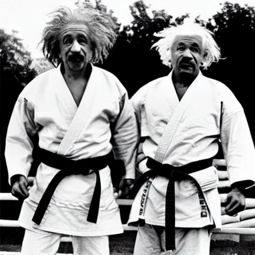 Prompt: albert einstein doing karate with mike tyson