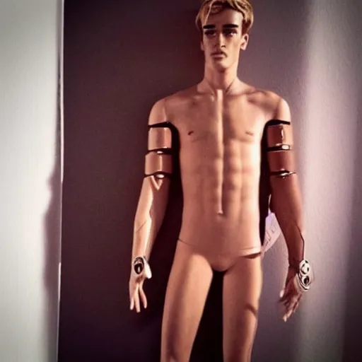 Image similar to “ a realistic detailed photo of a guy who is an attractive humanoid who is half robot and half humanoid, who is a male android, soccer player antoine griezmann, shiny skin, posing like a statue, blank stare, on the bed, on display ”