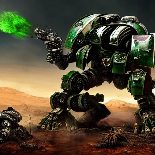 Image similar to dark angels chapter space marine terminator squad fighting a gigantic insectoid alien, 4 k, octane render, extremely detailed, martian landscape