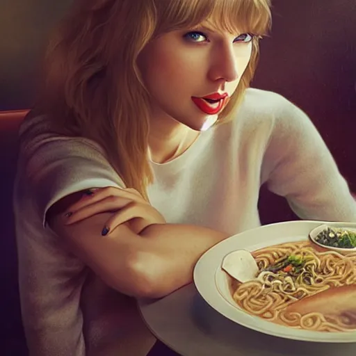 Prompt: taylor swift as a college student, eating ramen, bokeh, beautiful face!!!!, 2 7 years old, cg animation, lifelike, animated, realistic, character select portrait, by artgerm, greg rutkowski, alphonse mucha, anne liebovitz, 3 d