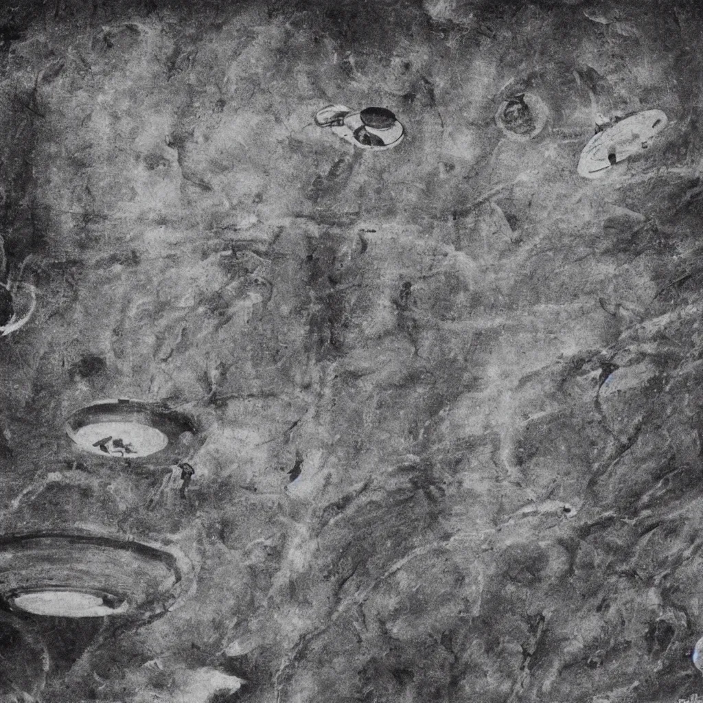 Prompt: cave painting of a ufo encounter, incredible photograph, detailed, historical photography