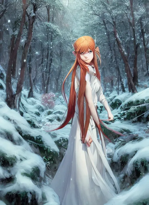 Prompt: an elven girl standing in a snowy forest, flowing white dress, auburn hair. By Makoto Shinkai, Stanley Artgerm Lau, WLOP, Rossdraws, James Jean, Andrei Riabovitchev, Marc Simonetti, krenz cushart, Sakimichan, trending on ArtStation, digital art.