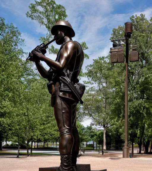 Prompt: a 4 k photorealistic photo medium shot of a bronze statue of an american soldier holding a rifle in a park