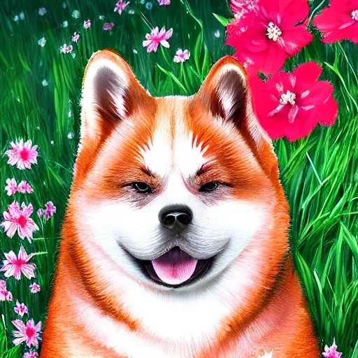 Image similar to a red akita inu wearing a kimono, in a field of flowers, highly detailed 4k digital painting