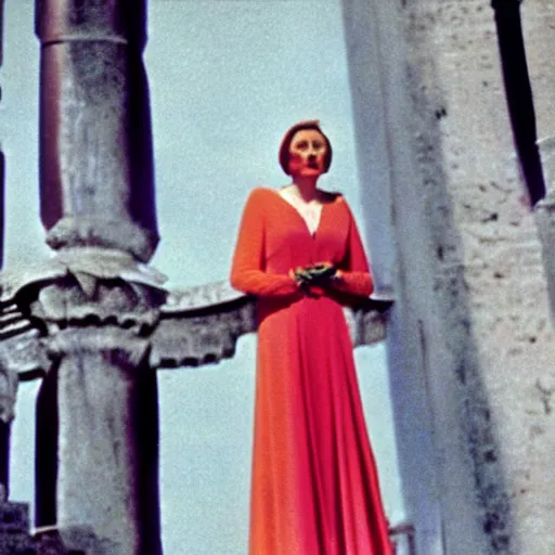 Prompt: Cinematic technicolor still of Greta Garbo as Tosca near the Castel San Angelo in the 1959 film by George Cukor