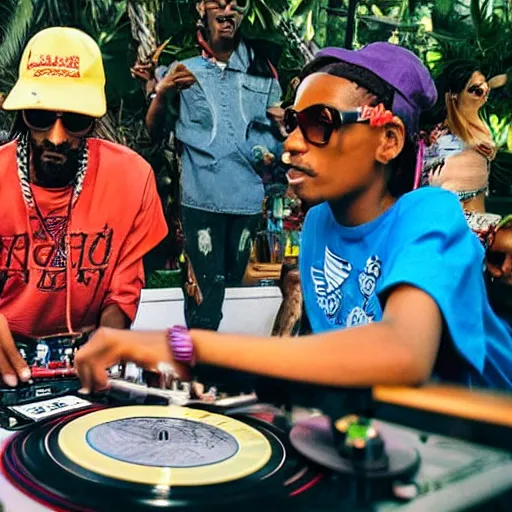 Prompt: Snoop Dogg wearing a bucket hat and a hawaii shirt playing vinyl records on DJ turntables at an outdoor bar, children\'s book drawing