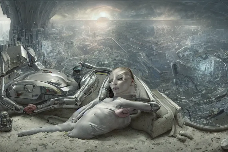 Prompt: the birth of the cyborg sleeping chambre / artificial womb by david pearce. hedonic imperative expressed as a pan - species techno - utopia imagined by jim burns and james gurney. masterpiece scifi artwork, trending on artstation, 8 k