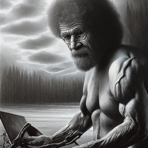 Prompt: zdzisław beksinski digital art of bob ross standing next to an easel, intense expression, huge muscles, detailed facial features, upper body, lower body, happy clouds behind, action pose, holding a paintbrush in his hand, ultra - detailed, intricate, detailed shadows and textures, 8 k