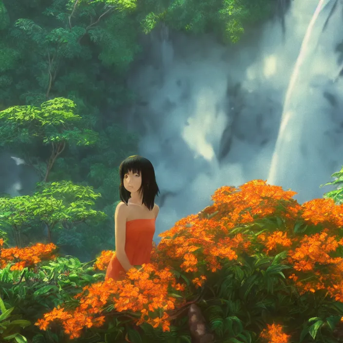 Image similar to an epic makoto shinkai and renoir landscape with a hawaiian waterfall, orange flowers, 🌺, a beautiful woman, ultra smooth, octane render