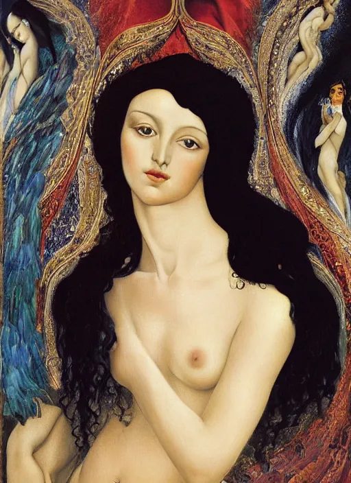 Image similar to oil painting of Queen of Ecstasy, Hungarian, curly dark hair, fair skin, veil by Georgia o Keeffe, by Marcel Jankowicz, by Botticelli, by Gustave Moreau,minimalist