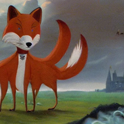 Image similar to anthropomorphic fox!! who is a medieval knight holding a swo - rd tow - ards a stormy thundercloud [ 1 9 3 0 s film still ], ( castle in the background )