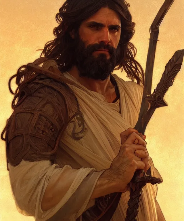 Image similar to portrait of biblical cain holding a spear, intricate, headshot, highly detailed, digital painting, artstation, concept art, sharp focus, cinematic lighting, illustration, art by artgerm and greg rutkowski, alphonse mucha, cgsociety