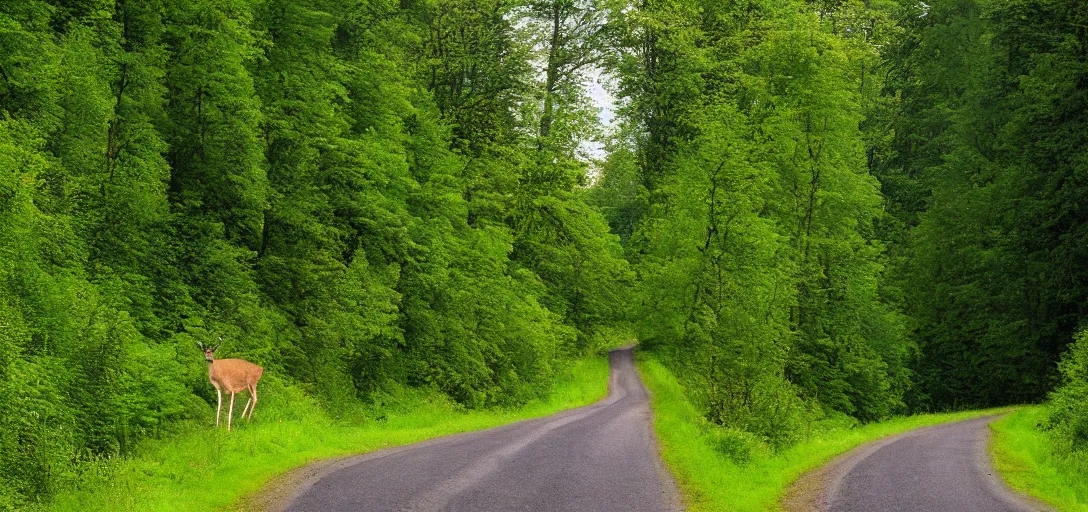 Image similar to The landscape of a green hilly forest somewhere in Germany, a country road is visible, through which a deer runs, ultra detailed