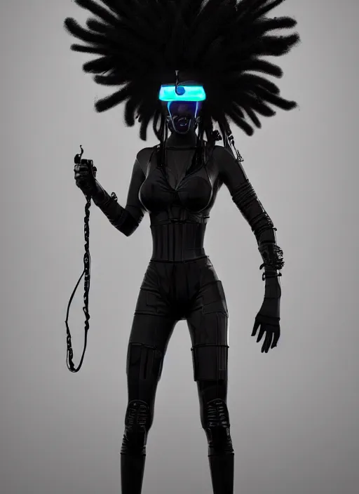 Prompt: a full body portrait of a beautiful black cyberpunk girl with dreadlocks wearing a cybepunk mask by vitaly bulgarov, artstation, cyberpunk, symmetric portrait, sci - fi, vray render, unreal engine, hyperrealism, photorealism