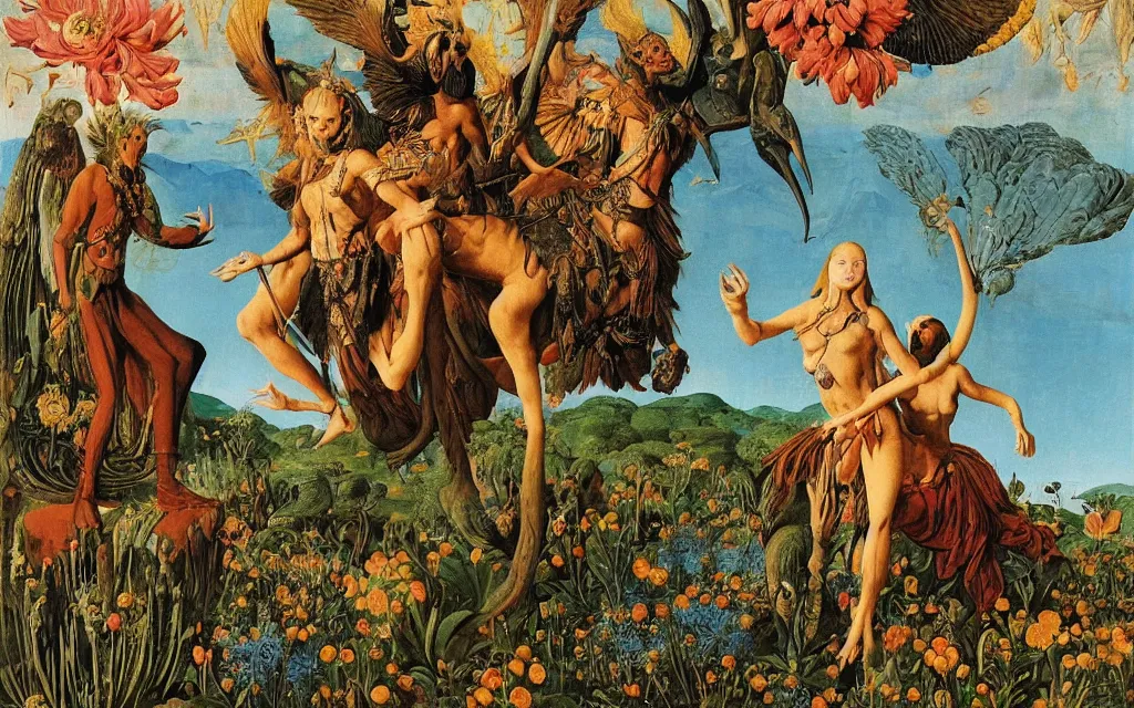 Image similar to a portrait photograph of a meditating harpy and a centaur monk riding a phoenix and hunting at a river delta. surrounded by bulbous flowers and trees. mountain range under a blue sky of fiery stars. by jan van eyck, max ernst, ernst haeckel, ernst fuchs and artgerm, cgsociety, fashion editorial, 8 k