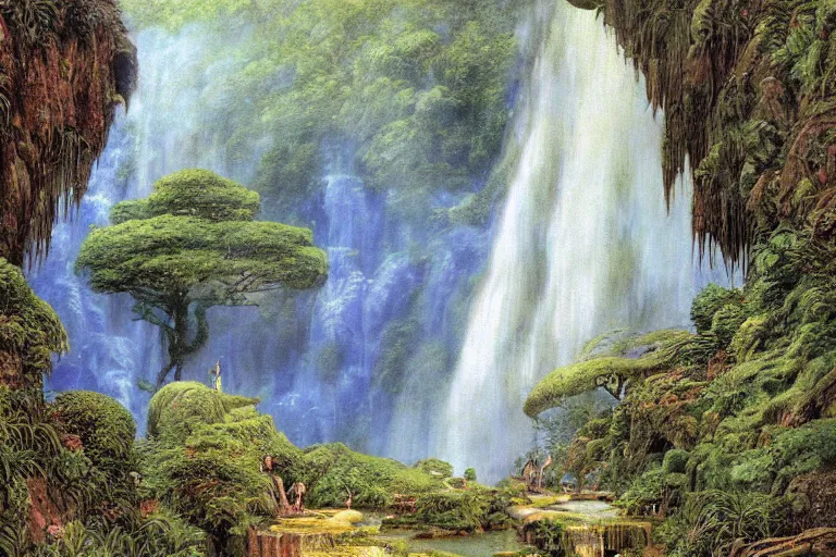 Prompt: hyperdetailed painting of a giant waterfall in the garden of eden, epic, rendered in octane, painted by alan lee, moebius, giovanni ghisolfi and jan baptist