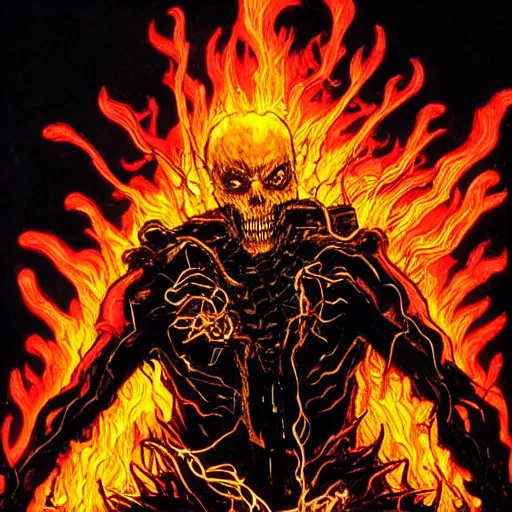 Image similar to demonic cyberpunk ghost rider swinging a barbed wire whip, extremely detailed concept art, terrifying masterpiece, maximalist, neo-expressionist, full body portrait, black background, lots of flames, horror, by Frank Miller, by Bernie Wrightson, by Giger, by Julie Taymor