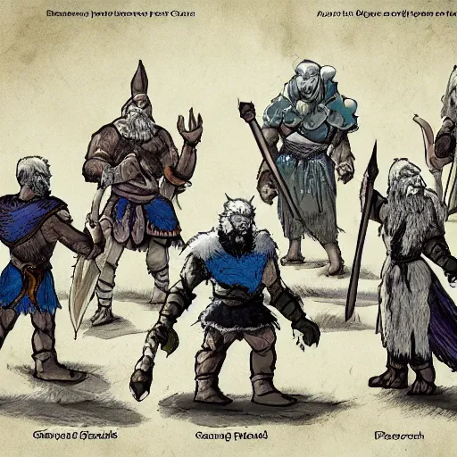 Prompt: dnd frost giant towering over some warriors, catperson, monk, bard, goblins