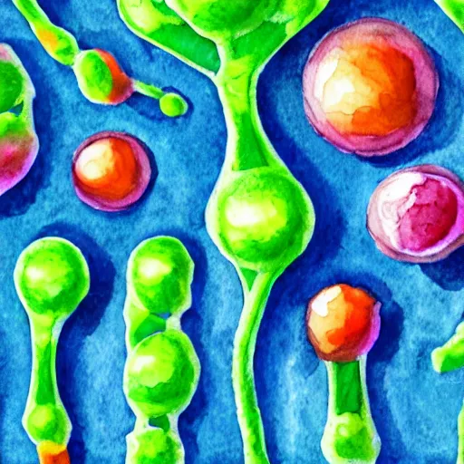 Prompt: antibodies and viruses floating through the air. watercolor. high resolution. highly realistic. cool tones. close - up