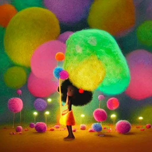 Image similar to a black girl with a colorful afro in a candy forest at night, bokeh, bright colours, watercolor, volumetric wool felting, macro photography, children illustration, by goro fujita