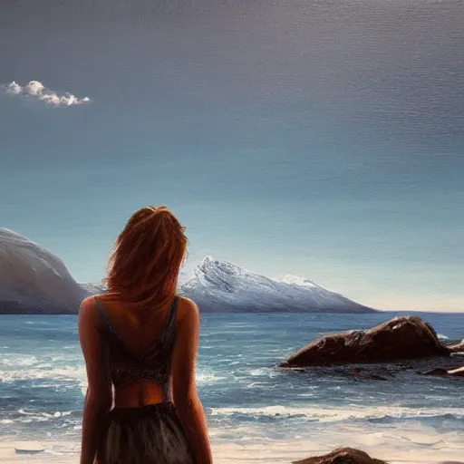 Prompt: detailed stunning oil painting of lonely girl standing on the rocky shore of a cold beach, snowy mountains in the background, car sinking in water,