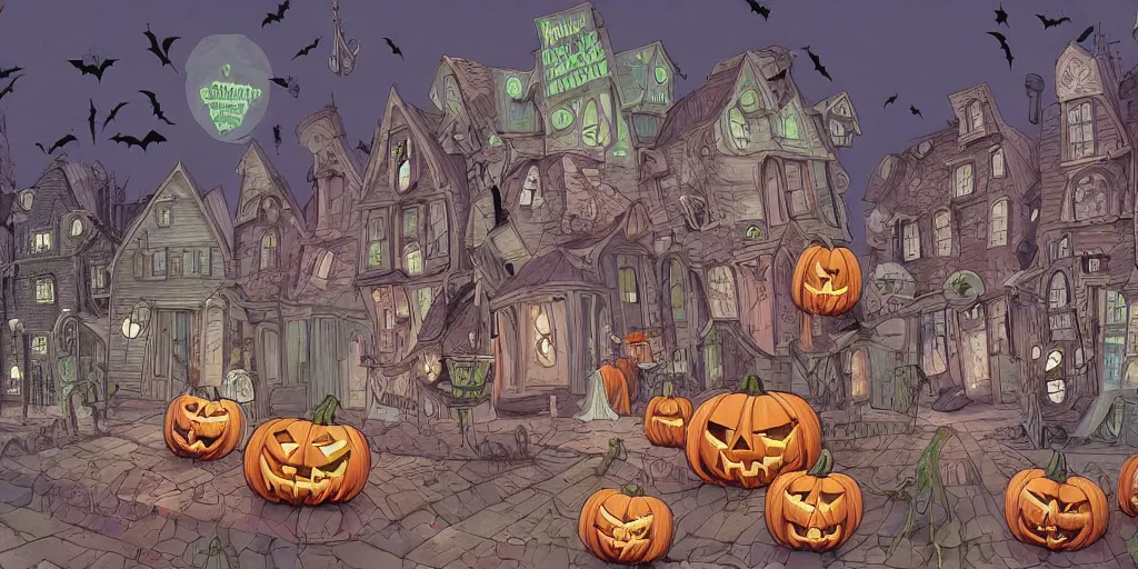 Image similar to a study of cell shaded cartoon of halloween town from tim burtons nightmare before christmas, illustration, wide shot, muted colors, concept art by josan gonzales and wlop, by james jean, victo ngai, david rubin, mike mignola, laurie greasley, highly detailed, sharp focus, trending on artstation, hq, deviantart, art by artgem