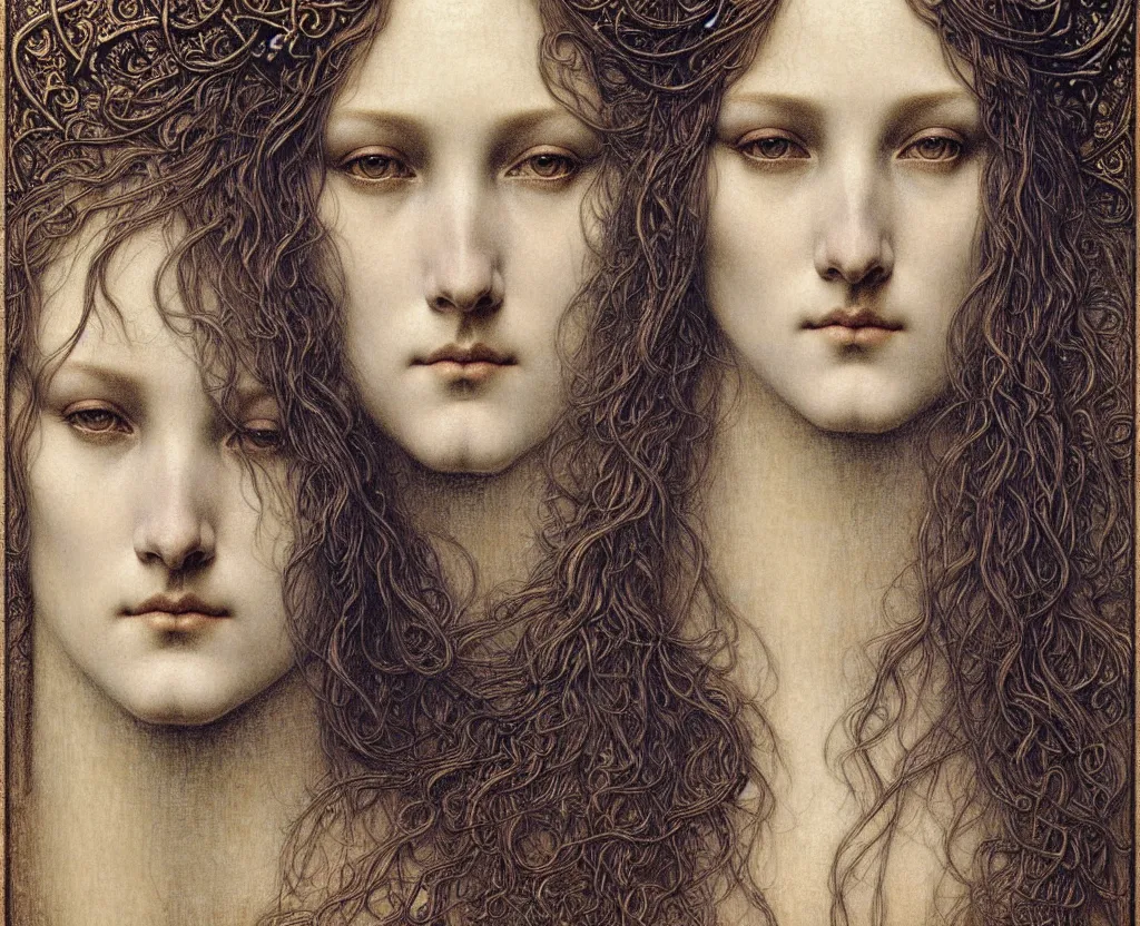 Image similar to detailed realistic beautiful young medieval queen face portrait by jean delville, gustave dore and marco mazzoni, art nouveau, symbolist, visionary, gothic, pre - raphaelite. horizontal symmetry