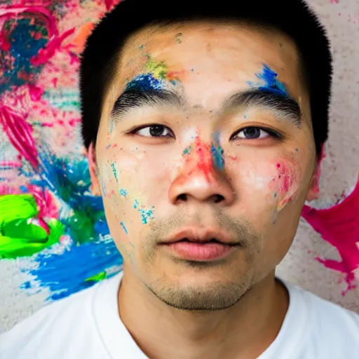 Prompt: a portrait of 3 0's asian man with full of paint on the face