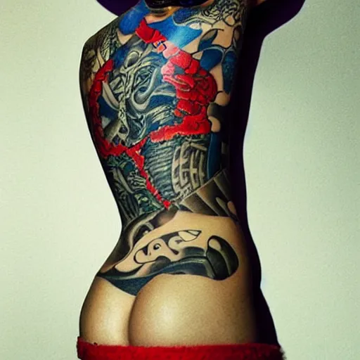 Prompt: super sexy, beautiful South American female model, Japanese yakuza tattoo all over her body , blue and red tattoo, Vogue issue January, futuristic typography, in the style of Bosch and Jan Van Eyck, Greg Rutkowski, Norman Rockwell