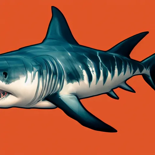 Image similar to great white shark, side view, with a silver and orange striped traffic cone on its dorsal fin - ron cheng & alphonse mucha, highly detailed, digital painting, ray tracing, concept art, illustration, smooth sharp focus, intricate, symmetry, artstation,