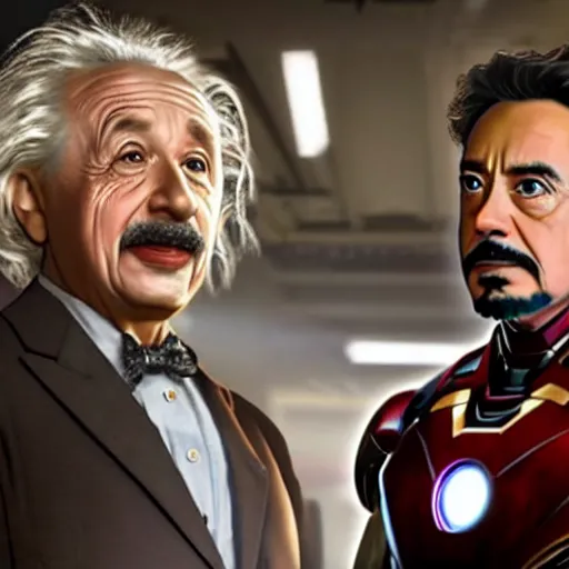 Prompt: moviestill of albert einstein as tony stark in ironman