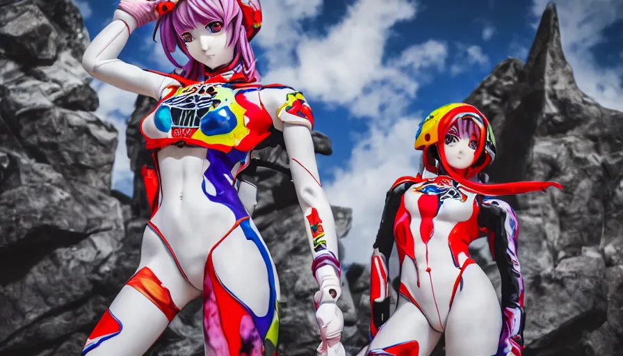 Image similar to extremely beautiful photo of a white marble statue of an anime girl with colorful motocross logos and motorcycle helmet with closed visor, colorful smoke in the background, carved marble statue, fine art, neon genesis evangelion, virgil abloh, offwhite, denoise, highly detailed, 8 k, hyperreal