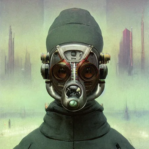 Image similar to portrait of masked cyberpunk scientist on the art deco streets of the Empire city, award-winning realistic sci-fi concept art by Beksinski, Bruegel, Greg Rutkowski, Alphonse Mucha, and Yoshitaka Amano