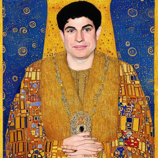 Image similar to a portrait of benjamin netanyahu wearing golden ornate robe, earings, necklace, jewels, by gustave klimt