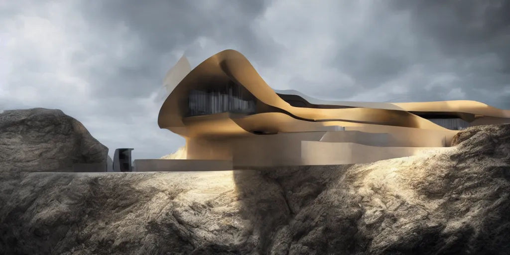 Image similar to oil matte portrait, modern house on a cliff designed by zaha hadid, cinematic lighting, deep focus, sharp focus, golden ratio, dramatic illumination, hdr, ultra realistic, 8 k, highly detailed, trending on artstation, epic composition, by caravaggio, by artemisia lomi gentileschi