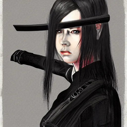 Prompt: a woman in black, bloodthirsty, samurai, katana, agony, digital illustration, artstation