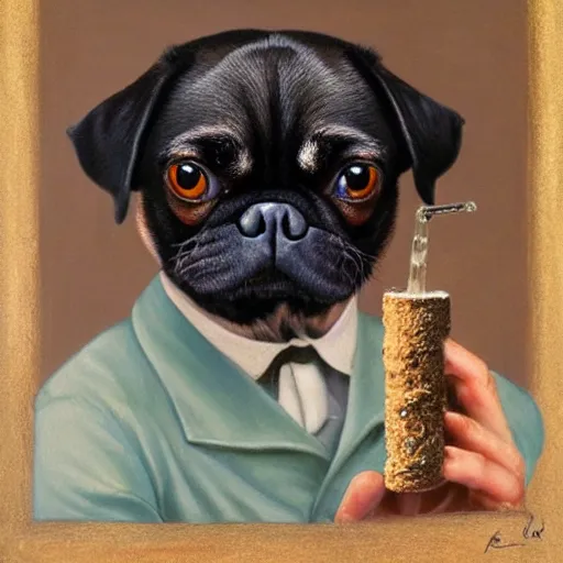 Prompt: portrait of a drunk and high black pugalier smoking a joint, painting, surrealism, extreme detail