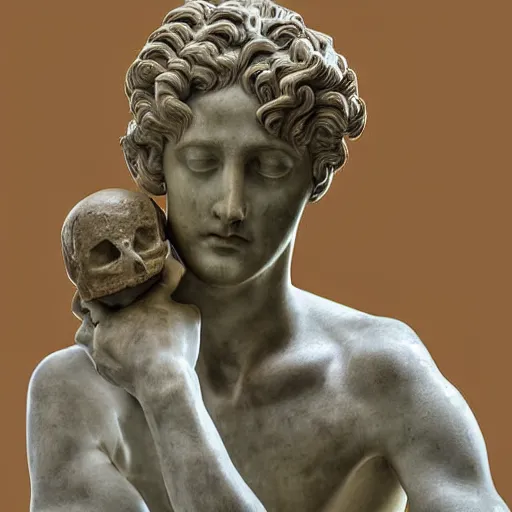 Prompt: greek or roman sculpture in marble of a philosopher holding a skull, in a museum background, hyperrealistic photograph in the style of bernini, golden hour