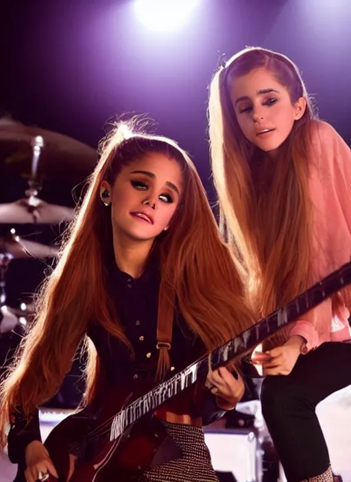 Image similar to beautiful, award winning photo of ariana grande on guitar and emma watson on drums in a 1 9 7 0 s rock and roll band. live at the woodstock concert, symmetrical eyes, 8 k, studio lighting t