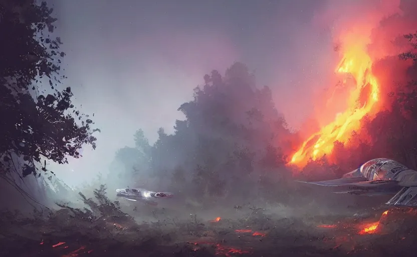 Image similar to one single fighter design spaceship on fire crashed on the ground, on the ground, smoke, smoke, cloudy air, forest, swamp, debris. Atmospheric lighting, overgrowth. By Makoto Shinkai, Stanley Artgerm Lau, WLOP, Rossdraws, James Jean, Andrei Riabovitchev, Marc Simonetti, krenz cushart, Sakimichan, trending on ArtStation, digital art.